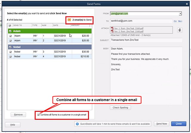 how to send multiple invoices in one email from quickbooks desktop